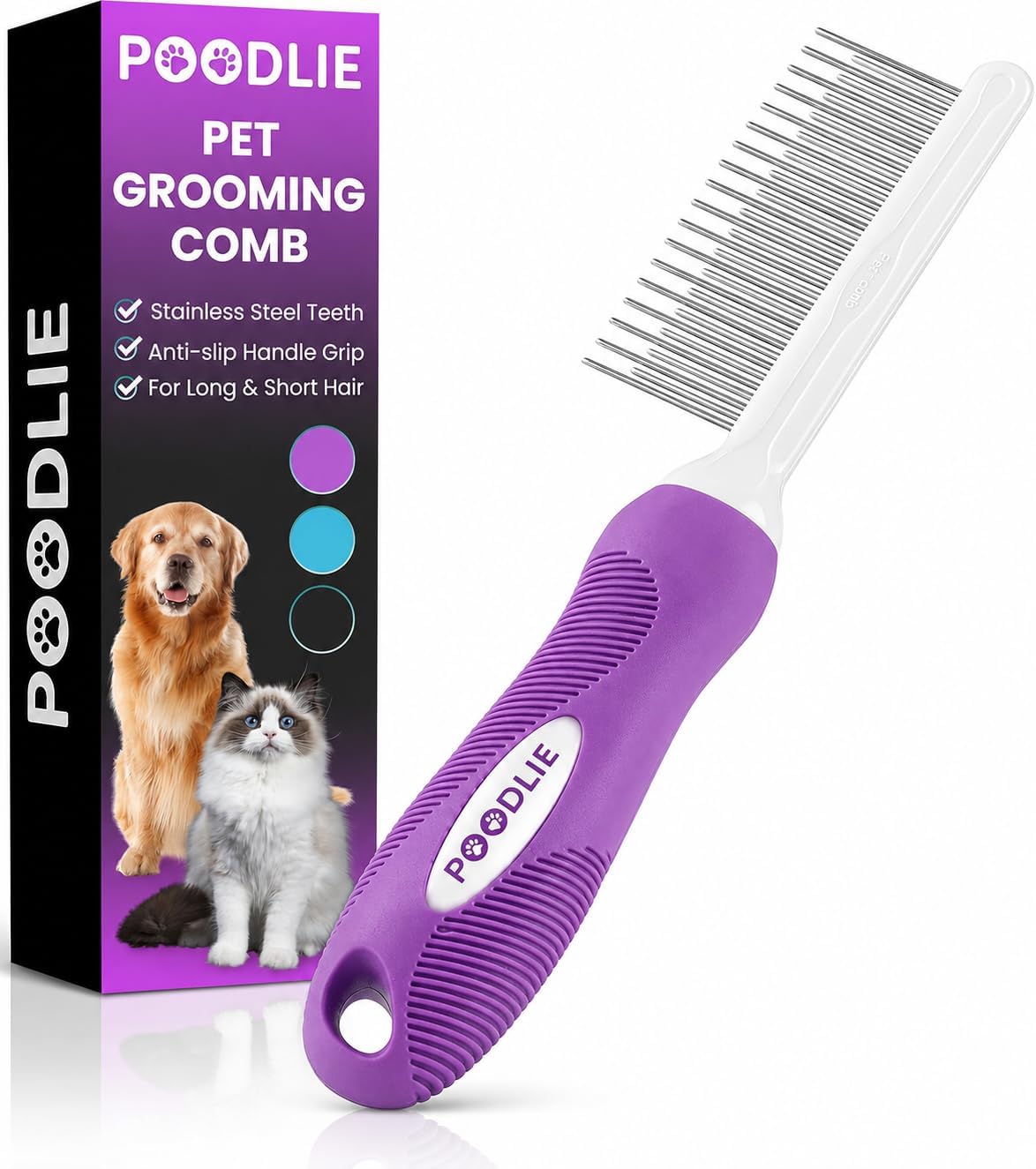 Poodle Pet Detangling Pet Comb with Long & Short Stainless Steel Teeth for Removing Matted Fur, Knots & Tangles \u2013 Detangler Tool Accessories for Safe & Gentle DIY Dog & Cat Grooming